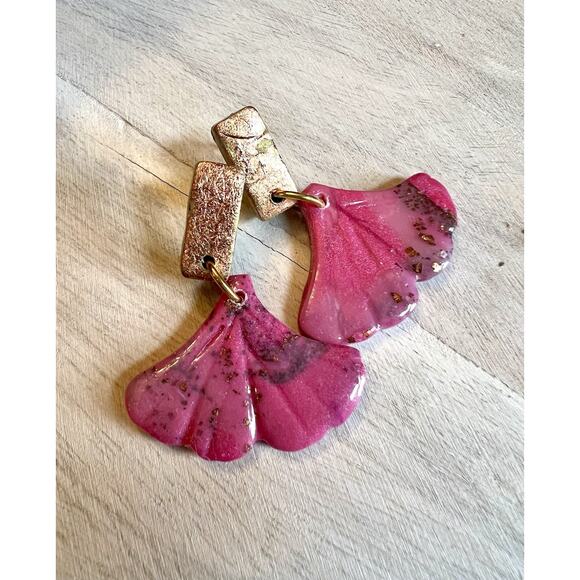 Earrings Statement Earrings Handcrafted Artwork Antique Gold Pink Floral Ginkgo - Picture 1 of 5